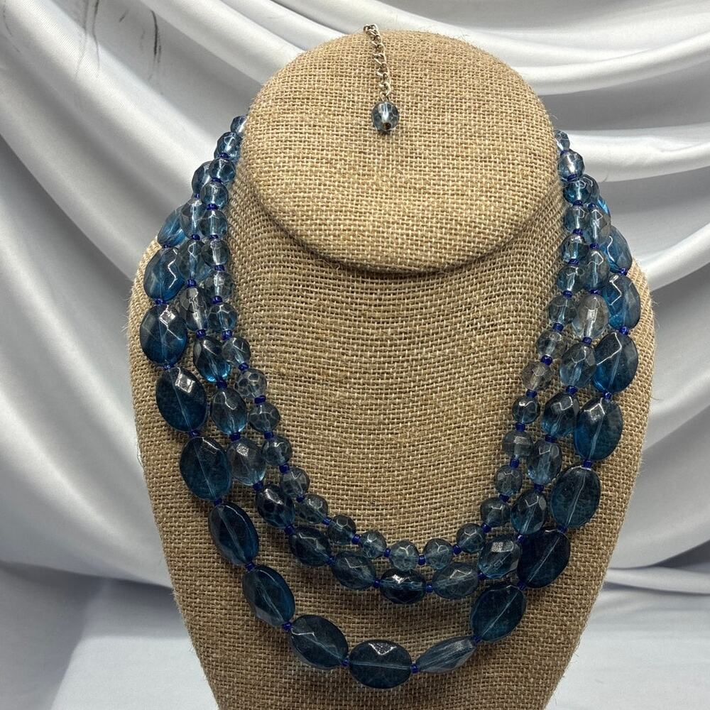 3-Strand Blue Teal Crystal Glass Beaded Statement Necklace Mid Century
